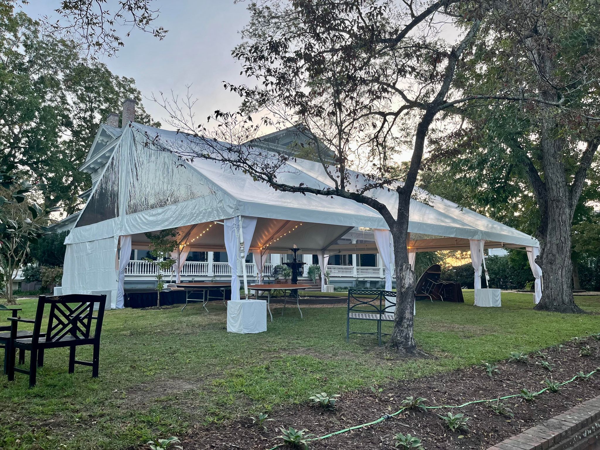 wedding tent with clear gable ends and leg draping