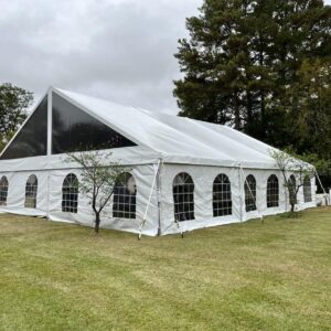 40 wide gable frame keder tent with clear gabled ends and sliding cathedral siewalls