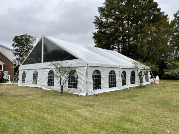 40 wide gable frame keder tent with clear gabled ends and sliding cathedral siewalls